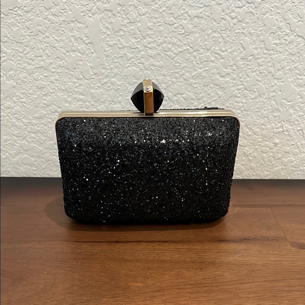 Henri Bendel Black Sparkly Clutch with Textured Surface and Distinctive Clasp